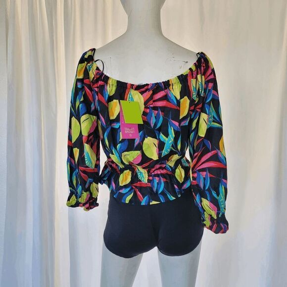 Tabitha Brown womens Sz S multicolor lemon print Bardot off the shoulder top - Picture 7 of 8